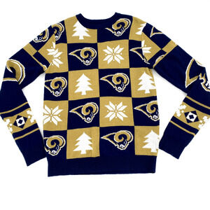 Los Angeles LA Rams NFL Sz S Mens Holiday X-Mas Sweater Graphic Print Blue Gold